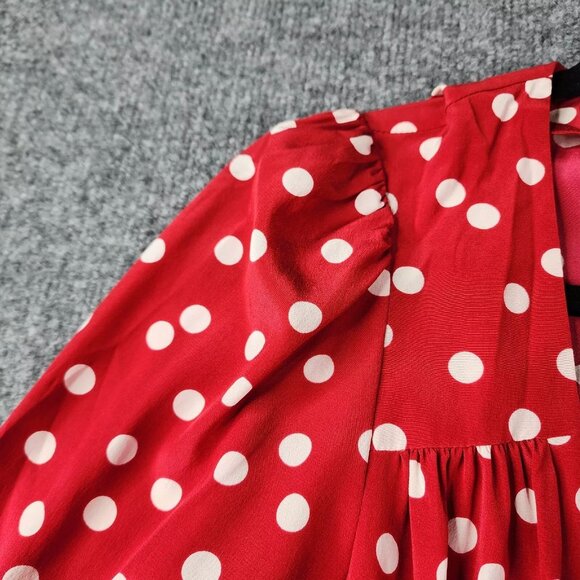 Intermix Silk Women's Polka Dot Long Sleeve V Neck Ruffle Dress Red - Picture 5 of 10